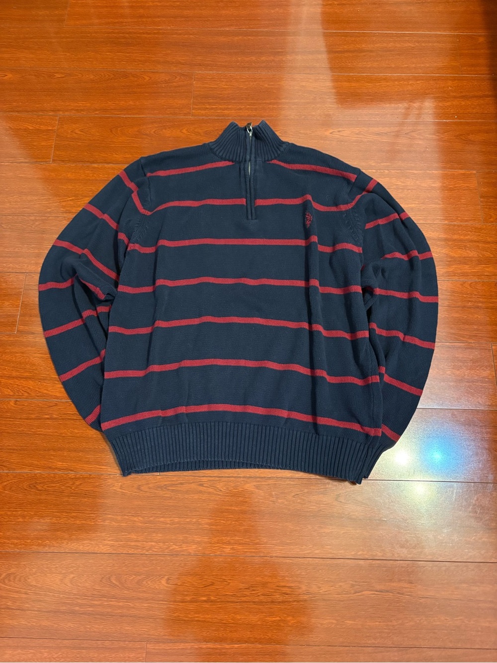 Men’s Vintage US Polo Assn Navy Blue Striped Knit Quarter Zip Size XL